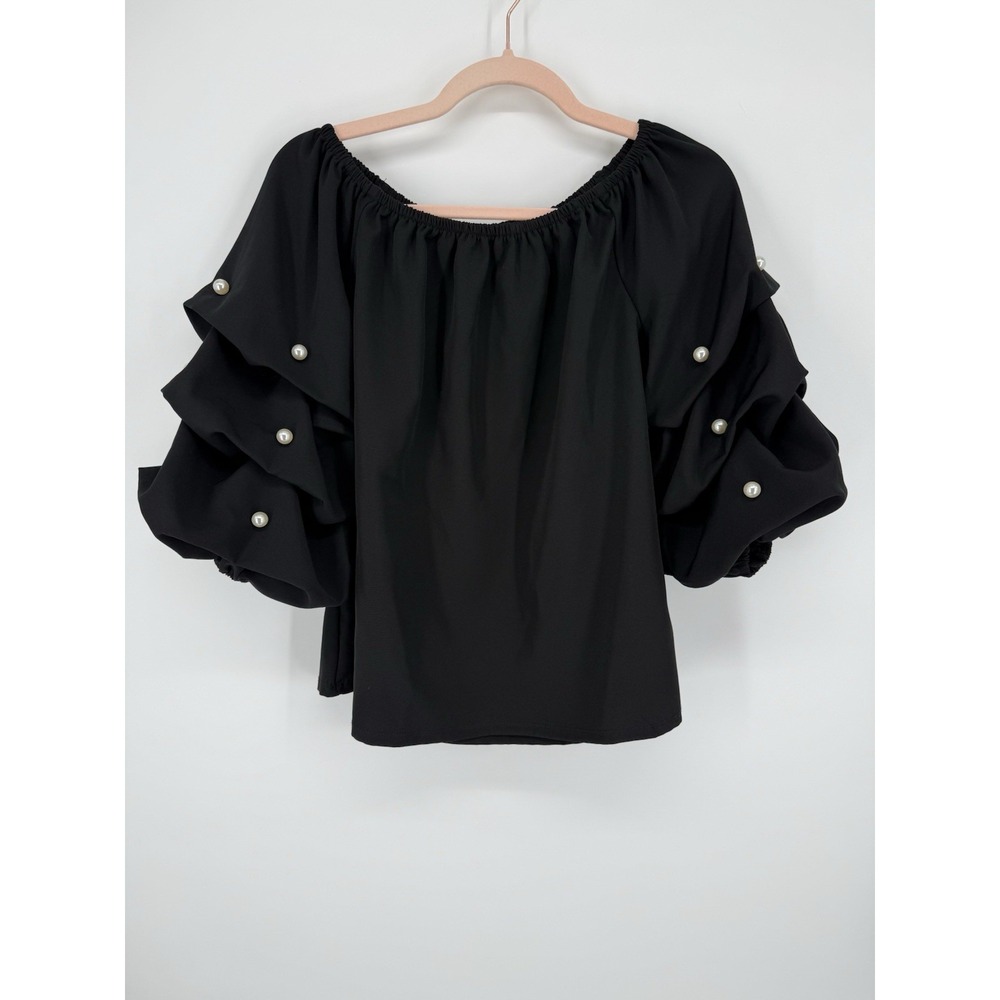 CeCe Black Ruffle Puff Sleeve Pearl Studded Blouse Top M